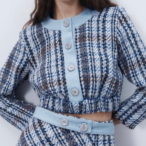 Zara woven blue white and brown tweed and denim crop top with buttons Size XL - Picture 1 of 9